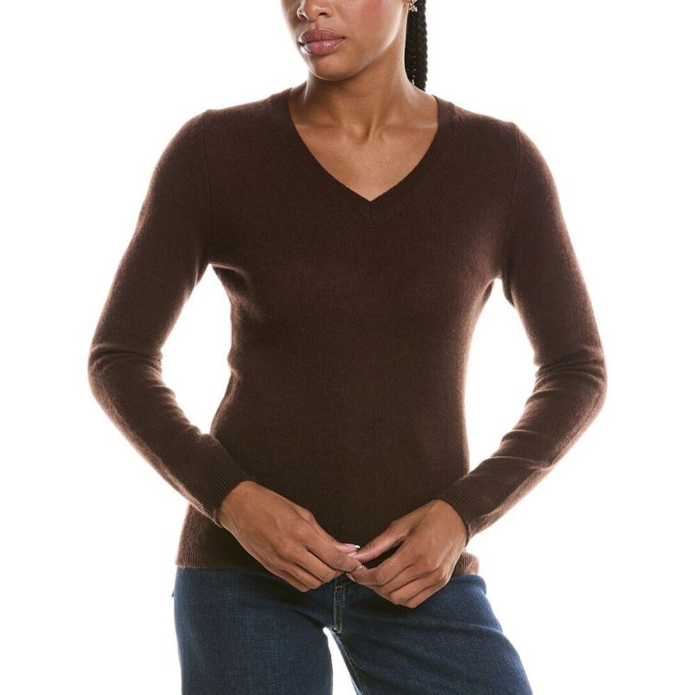 Forte Cashmere Womens Basic V-Neck 100% Cashmere Pullover, Brown